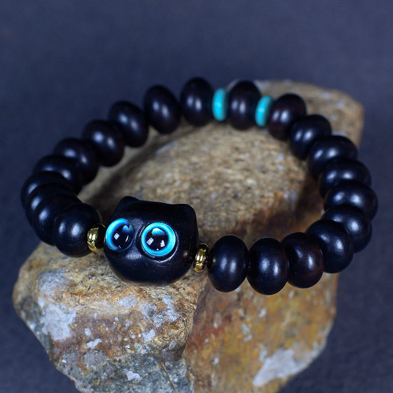 Buddha Stones Ebony Wood Liuli Glass Lovely Cat Peace Balance Bracelet - image 4