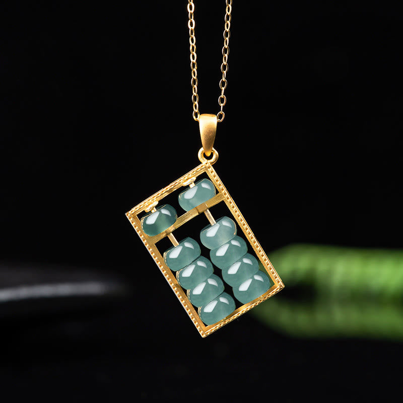 Buddha Stones 925 Sterling Silver Natural Jade Abacus Pattern Abundance Necklace Pendant - Gold - image 0