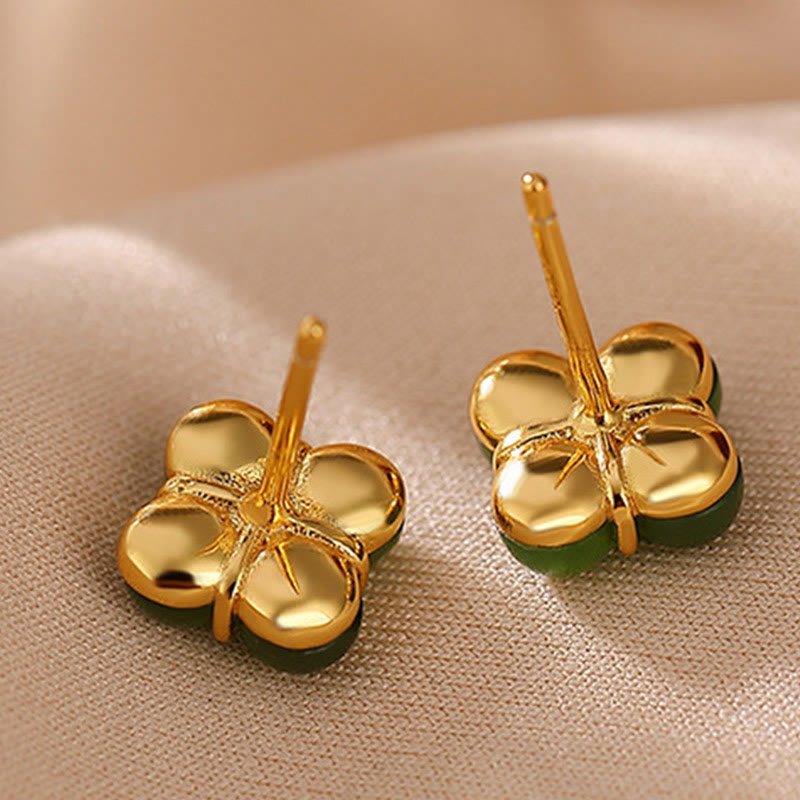 Buddha Stones 925 Sterling Silver Plated Gold Natural Cyan Jade Four Leaf Clover Luck Stud Earrings - image 4