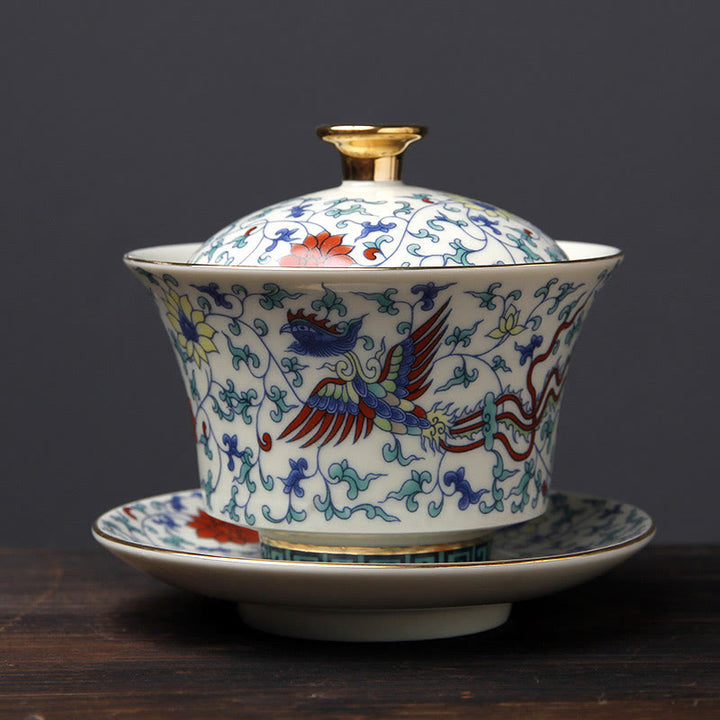 Buddha Stones Retro Plum Blossom Pine Bamboo Phoenix Kirin Ceramic Gaiwan Sancai Teacup Kung Fu Tea Cup and Saucer with Lid - Phoenix(10cm*9.7cm*190ml) - image 6