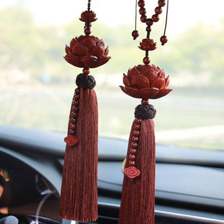 Buddha Stones Tibetan Small Leaf Red Sandalwood Lotus Luck Protection Tassel Decoration - image 5