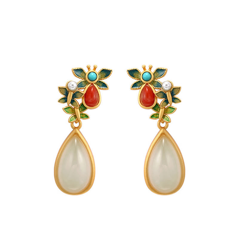 Buddha Stones Water Drop White Jade Red Agate Butterfly Protection Drop Dangle Earrings - image 11