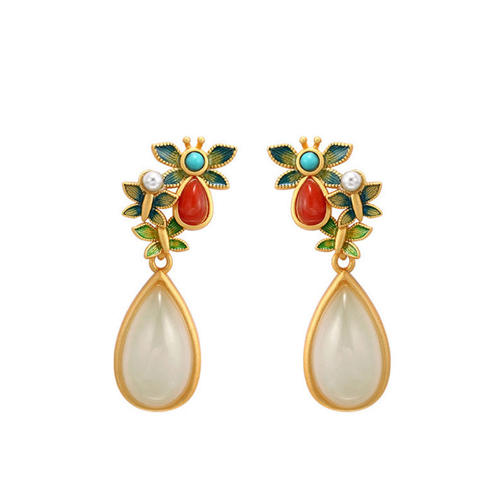 Buddha Stones Water Drop White Jade Red Agate Butterfly Protection Drop Dangle Earrings - image 11