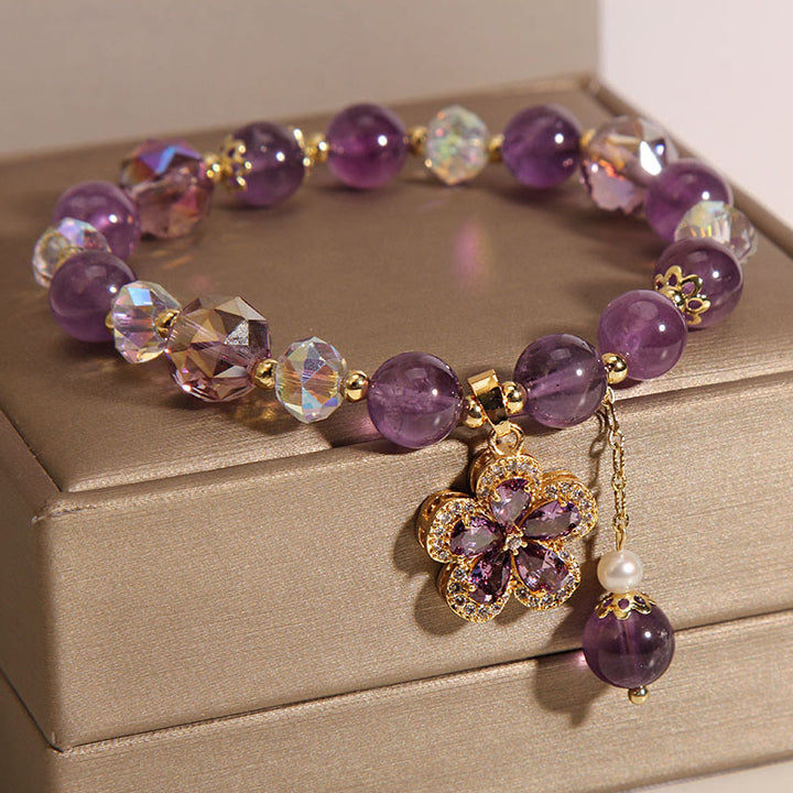 Natural Amethyst Pearl Flower Charm Positive Transformation Bracelet - image 6