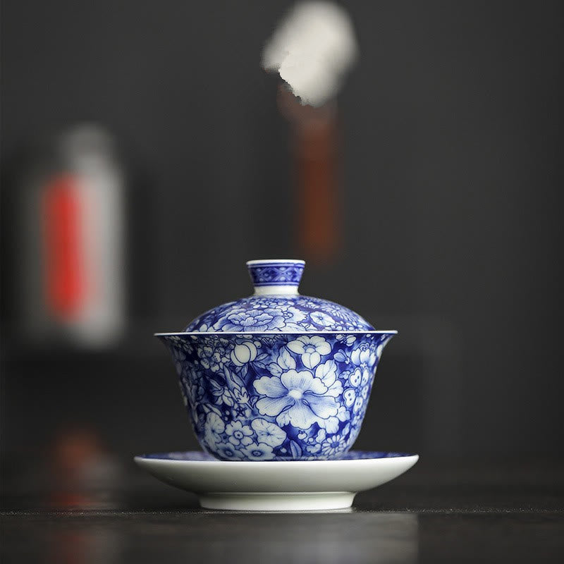 Buddha Stones Vintage Blue And White Porcelain Ceramic Gaiwan Sancai Teacup Kung Fu Tea Cup And Saucer With Lid - 11.6cm*9.8cm*150ml - image 0