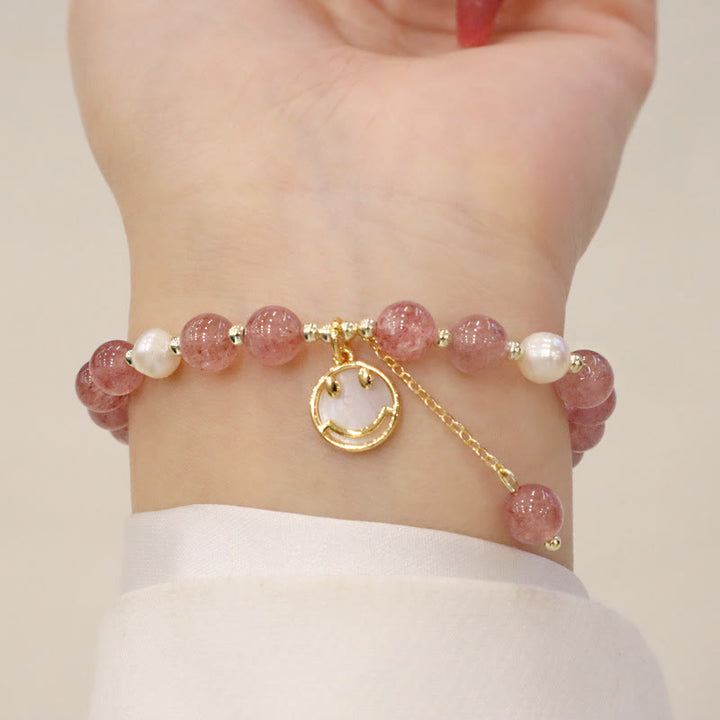 Buddha Stones Strawberry Quartz Pearl Elk Smiley Face Fishtail Fu Character Charm Healing Bracelet - Strawberry Quartz&Smiley Face(Wrist Circumference 14-19cm) - image 5