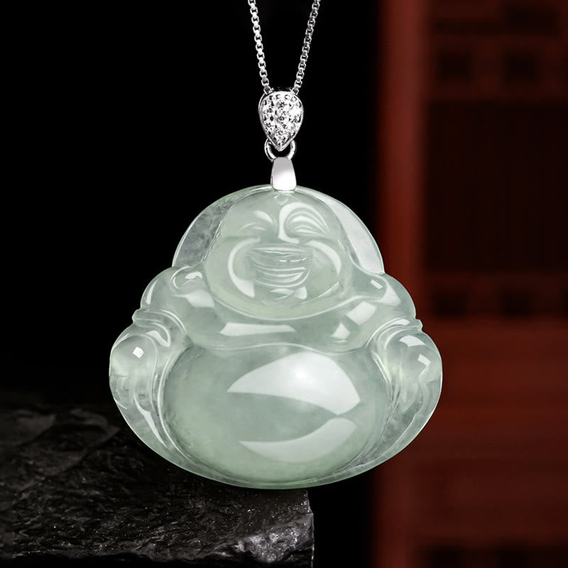 Buddha Stones 925 Sterling Silver Natural Jade Laughing Buddha Prosperity Abundance Chain Necklace Pendant - Laughing Buddha(Happiness♥Wealth) - image 0