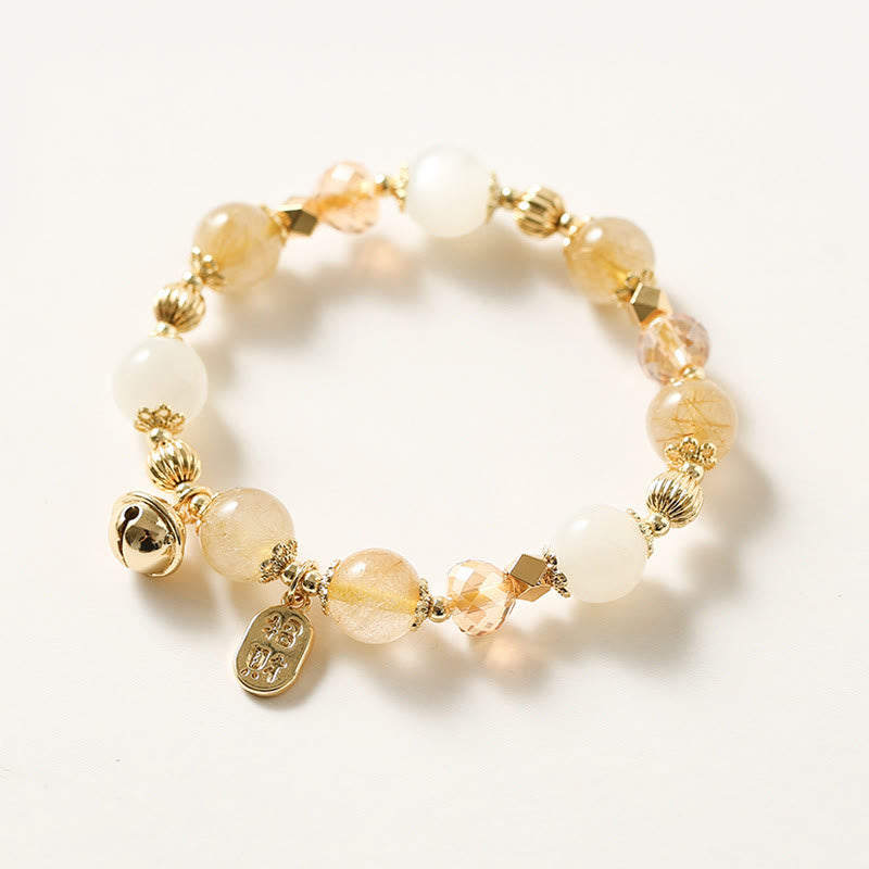 Buddha Stones 14K Gold Plated Golden Rutilated Quartz Wealth Bell Lucky Fortune Charm Bracelet - Rutilated Quartz&Moonstone - image 0