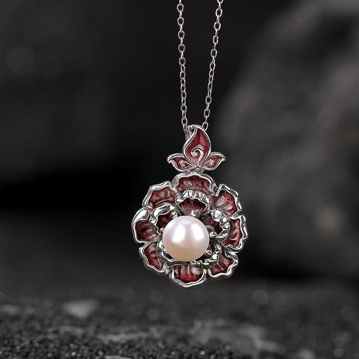 Buddha Stones 999 Sterling Silver Peony Flower Pearl Healing Necklace Pendant - 999 Sterling Silver - image 0