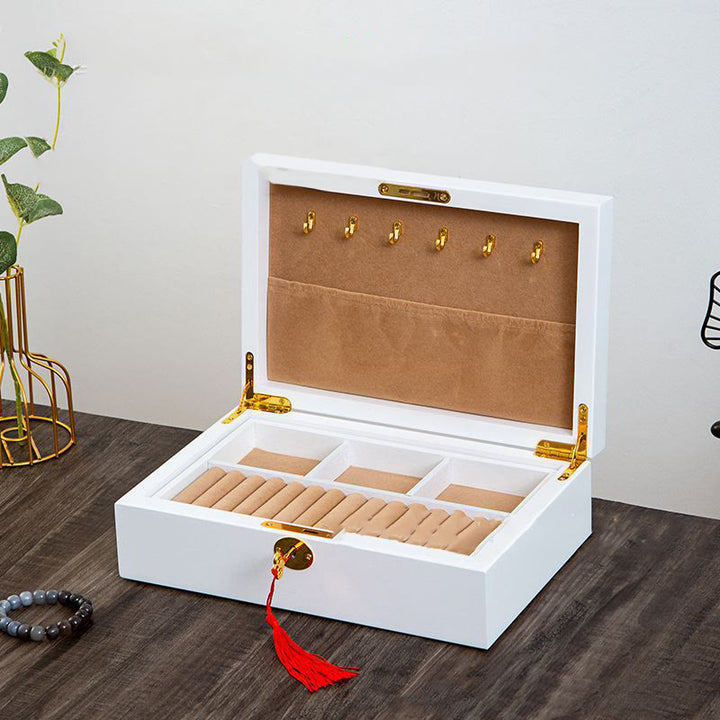 Buddha Stones Vintage Wooden Jewelry Box Two-Layer Solid Wood Jewelry Storage Box - White-Hook Style 29*19*9cm - image 26