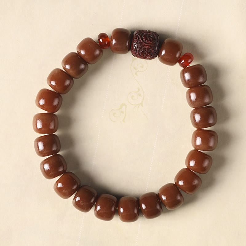 Buddha Stones Bodhi Seed Auspicious Cloud Fu Character Bead Peace Bracelet - Brown Bodhi Seed(Wrist Circumference 14-15cm) - Small Leaf Red Sandalwood Fu Character - image 15