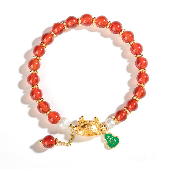 Buddha Stones Year Of The Dragon Natural Red Agate Pink Crystal Black Onyx Dumpling Luck Fu Character Bracelet - image 5