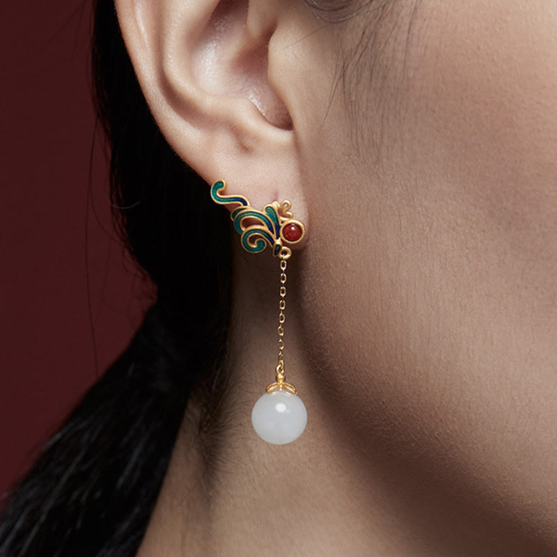Buddha Stones Vintage White Jade Red Agate Bead Blessing Drop Dangle Earrings - White Jade(Protection♥Happiness) - image 0