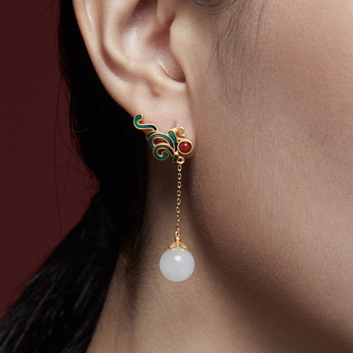 Buddha Stones Vintage White Jade Red Agate Bead Blessing Drop Dangle Earrings - White Jade(Protection♥Happiness) - image 0