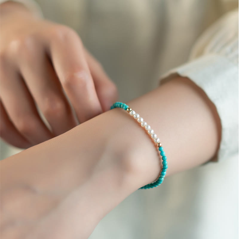 Buddha Stones 925 Sterling Silver Natural Turquoise Pearl Beaded Bracelet - image 4