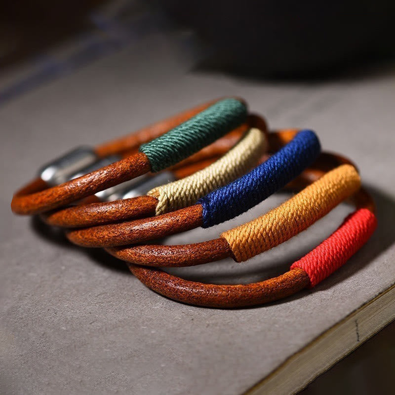 Buddha Stones Tibetan Leather Handmade Five Elements Luck Braid String Buckle Bracelet - image 1