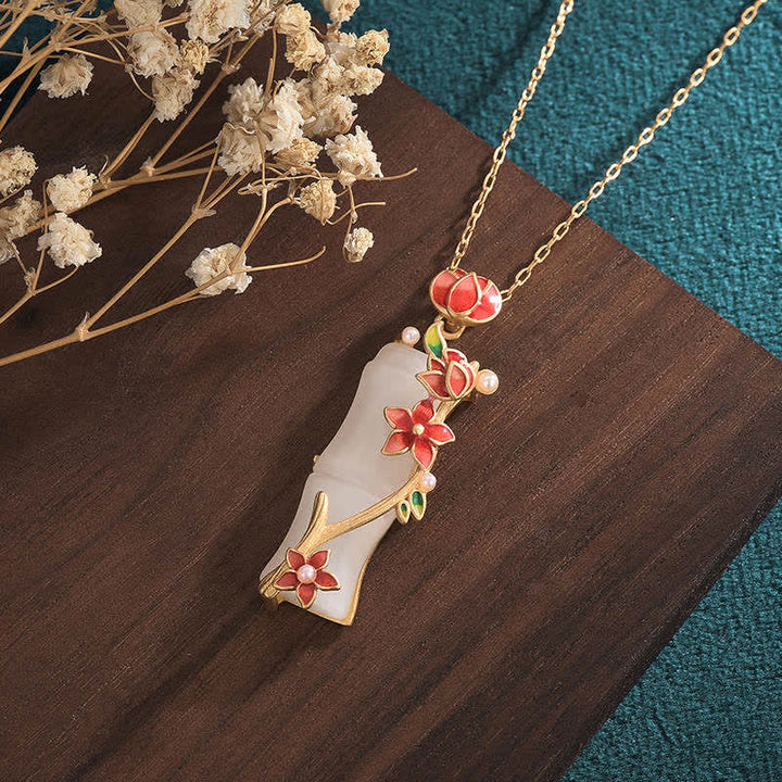 Buddha Stones White Jade Bamboo Lotus Flowers Luck Protection Necklace Pendant - image 2