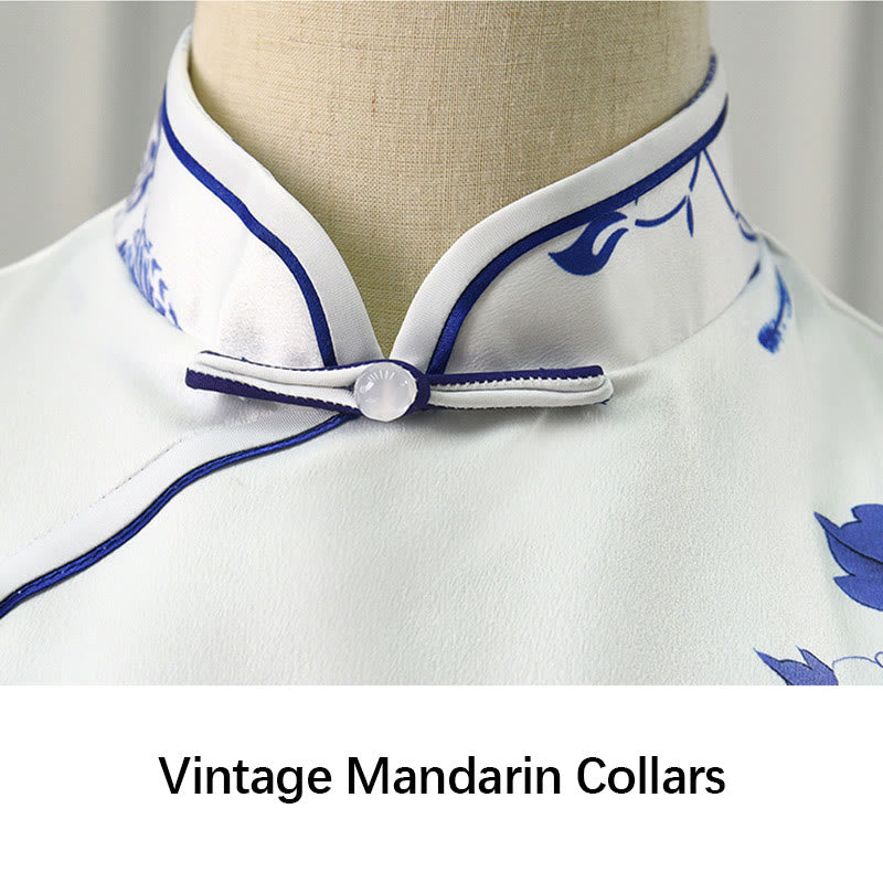 Buddha Stones Blue And White Porcelain Color Peony Flower Pattern Cheongsam Dress Women's Qipao Dress - image 8