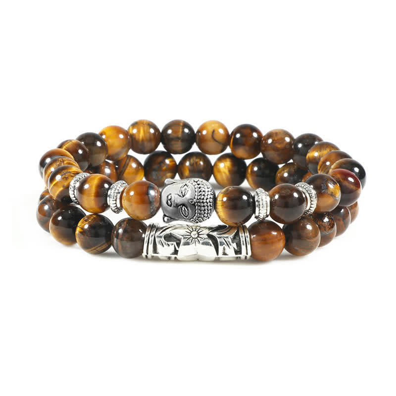 Buddha Stones 2Pcs Natural Crystal Agate Buddha Protection Bracelet - Tiger Eye - image 0