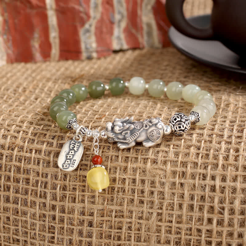 Buddha Stones 925 Sterling Silver Natural Hetian Jade Amber PiXiu Luck Bracelet - image 6