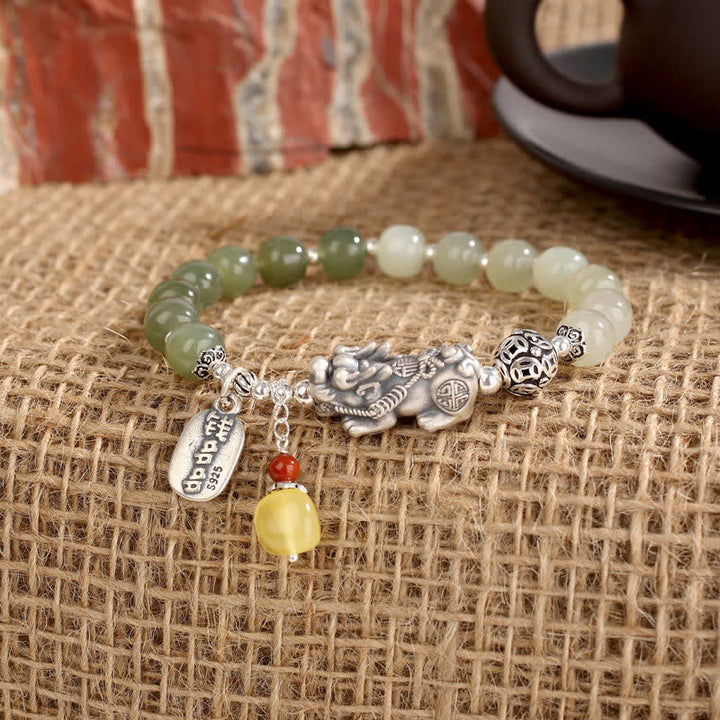 Buddha Stones 925 Sterling Silver Natural Hetian Jade Amber PiXiu Luck Bracelet - image 6