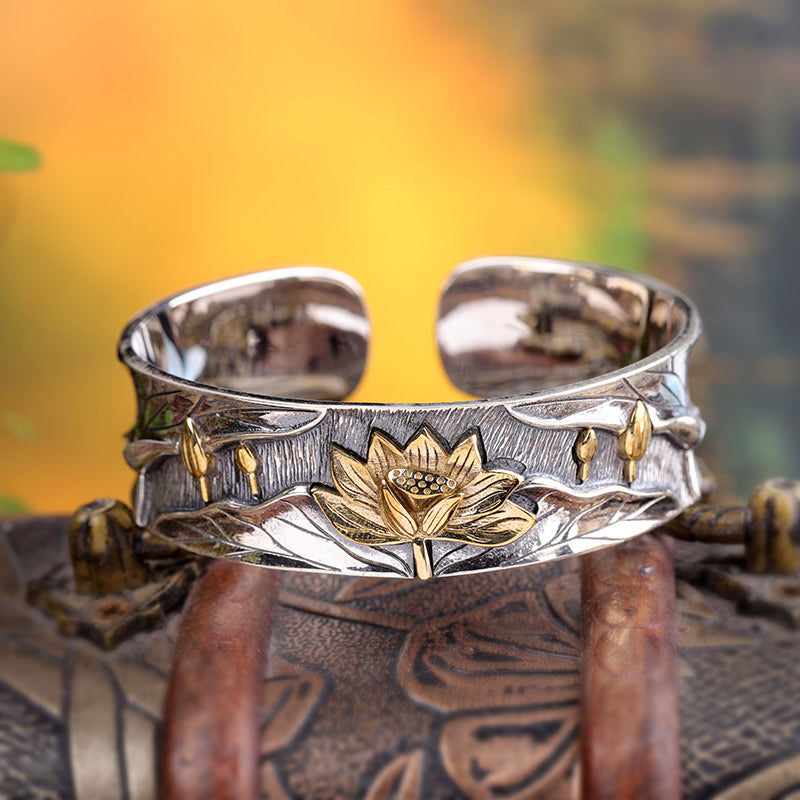 Buddha Stones 925 Sterling Silver Lotus Flower Calm Bracelet Adjustable Bangle - image 1