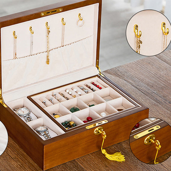 Buddha Stones Vintage Wooden Jewelry Box Two-Layer Solid Wood Jewelry Storage Box - image 13