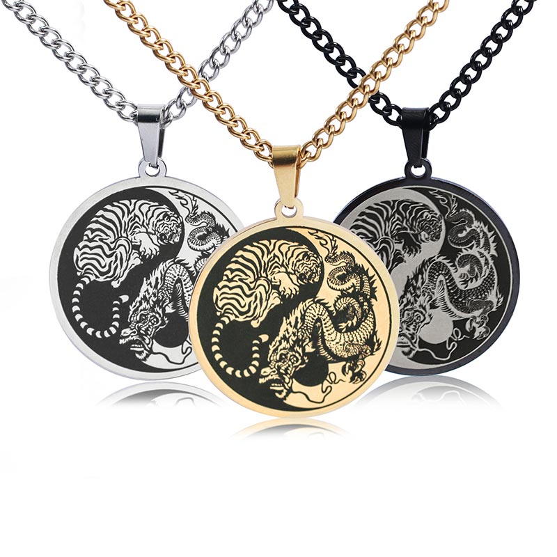 Buddha Stones Tiger Dragon Titanium Steel Chain Necklace Harmony Pendant - image 0