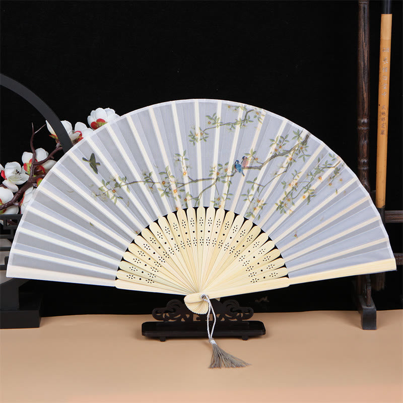 Buddha Stones Classic Birds Singing Flowers Handheld Bamboo Folding Fan - Birds Singing and Flowers - image 0
