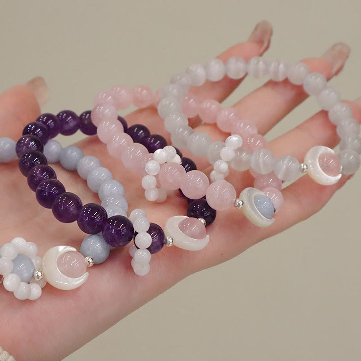 Buddha Stones 925 Sterling Silver Natural Amethyst Aquamarine Pink Crystal Cat's Eye Healing Crescent Moon Bracelet - image 2