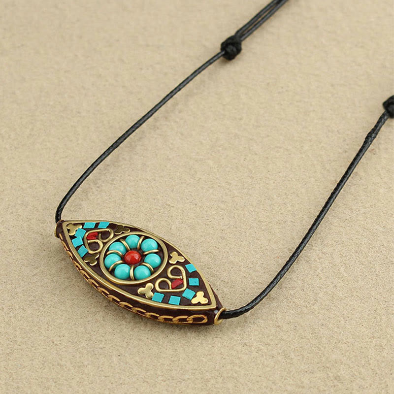 Buddha Stones Tibet Turquoise Bead Marquise Pattern Protection Strength Necklace Pendant - image 4
