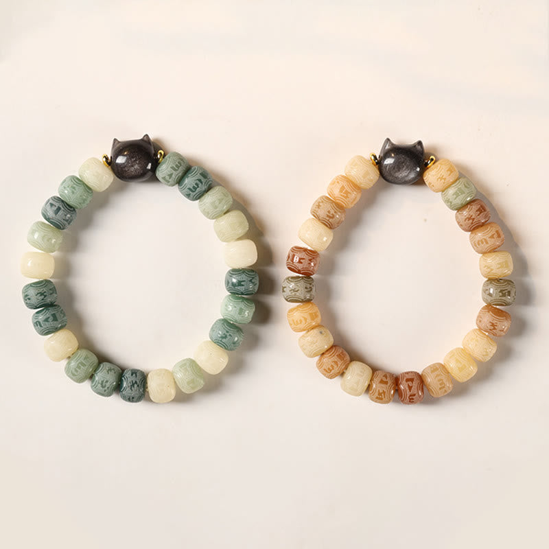 Buddha Stones Bodhi Seed Silver Sheen Obsidian Cat Head Om Mani Padme Hum Engraved Harmony Bracelet - image 13