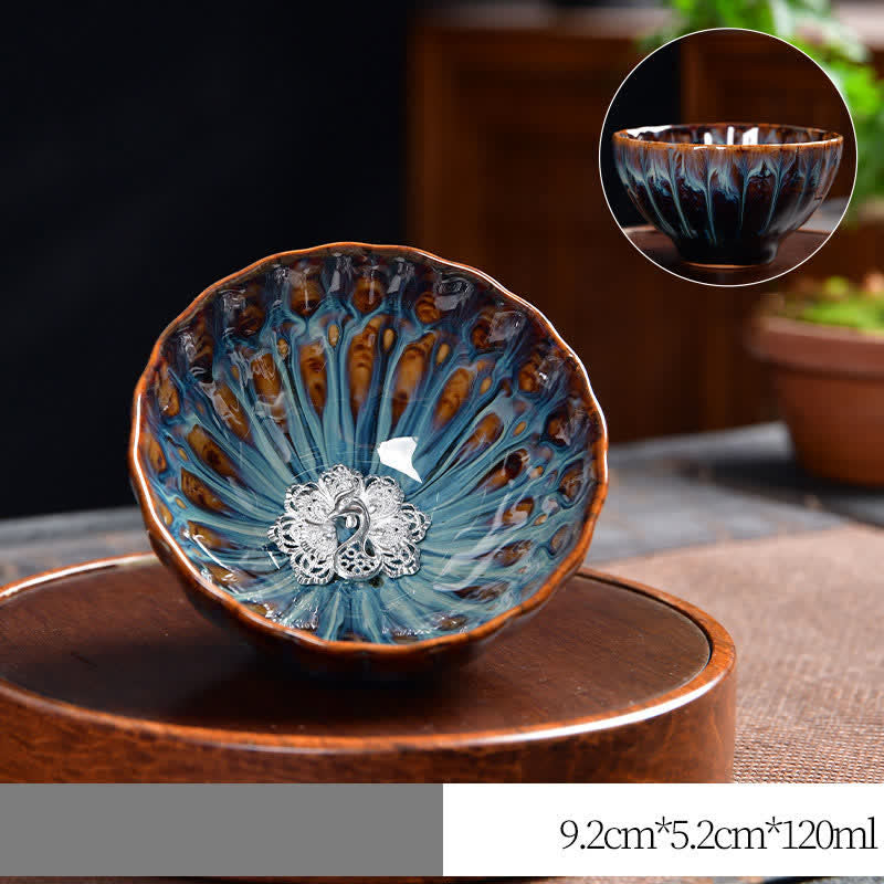 Buddha Stones Lotus Peacock Dragon Phoenix Koi Fish Ceramic Teacup Inlaid Tea Cups 120ml - Silver - Peacock - image 18