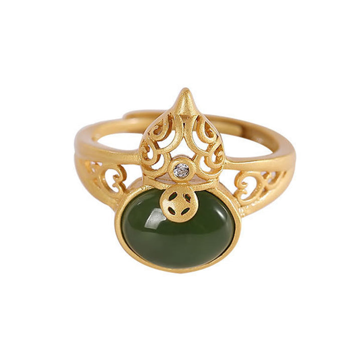 Buddha Stones Gourd Cyan Jade Copper Coin Success Luck Adjustable Ring - image 9