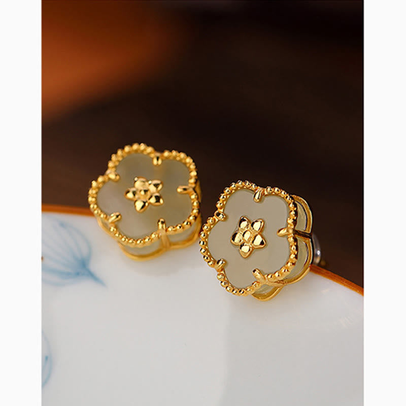 Buddha Stones 925 Sterling Silver Hetian Jade Plum Flower Luck Stud Earrings - image 9