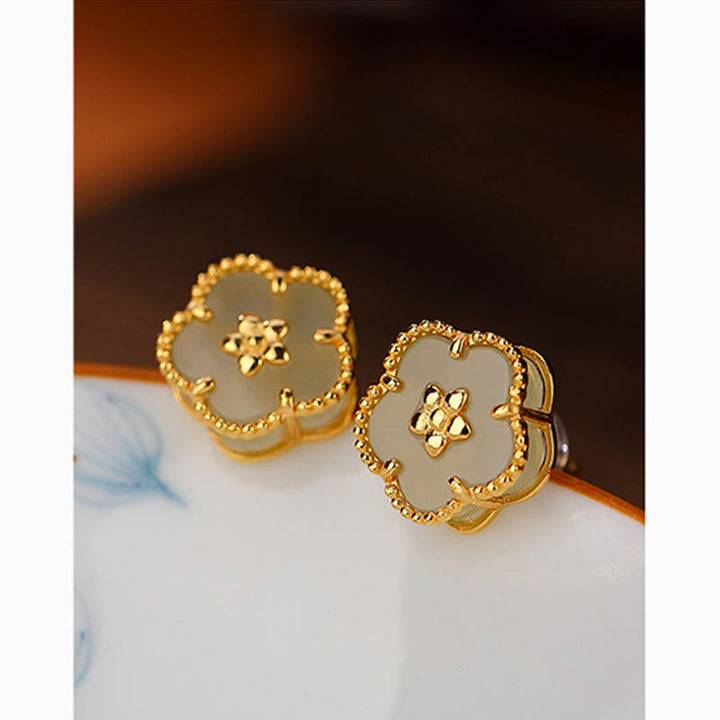 Buddha Stones 925 Sterling Silver Hetian Jade Plum Flower Luck Stud Earrings - image 9