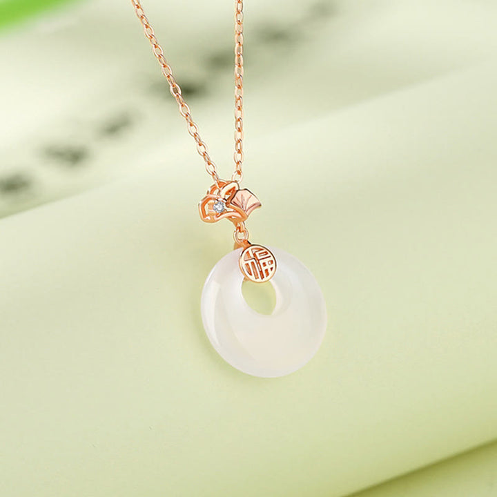 Buddha Stones 925 Sterling Silver Ginkgo Leaf Butterfly Rose Chalcedony Hetian Jade Peace Buckle Fu Character Harmony Necklace Pendant - image 2