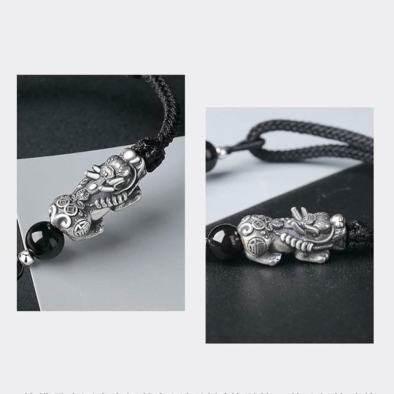 Buddha Stones 999 Sterling Silver FengShui PiXiu Natural Black Obsidian 925 Sterling Silver Bead Strength Bracelet - image 5