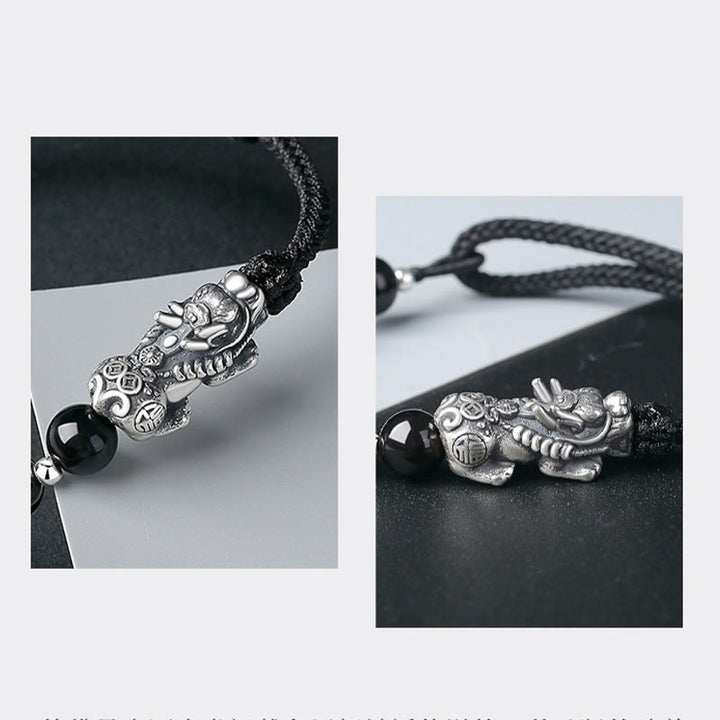 Buddha Stones 999 Sterling Silver FengShui PiXiu Natural Black Obsidian 925 Sterling Silver Bead Strength Bracelet - image 5