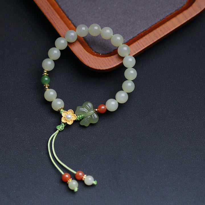 Buddha Stones 925 Sterling Silver Jade Luck Flower Butterfly Bracelet - image 2