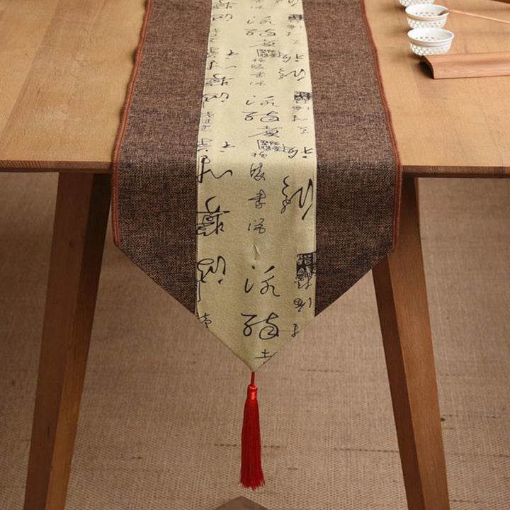 Buddha Stones Classic Chinese Style Lotus Koi Fish Flower Crane Calligraphy Enlightenment Cotton Linen Tassels Table Runner - Brown Yellow Calligraphy - 30*180cm - image 32