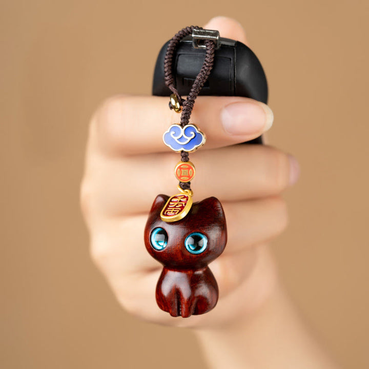 Buddha Stones Small Leaf Red Sandalwood Ebony Wood Lucky Cat Protection Key Chain Phone Hanging Decoration - image 2