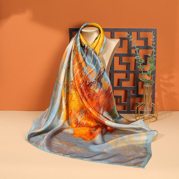 Buddha Stones Oil Painting City Snow Scene Castle Lotus 100% Mulberry Silk Neck Hair Scarf - Oil Painting - image 0