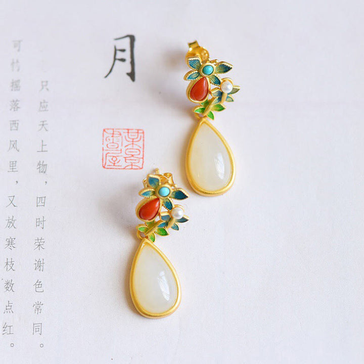 Buddha Stones Water Drop White Jade Red Agate Butterfly Protection Drop Dangle Earrings - image 3