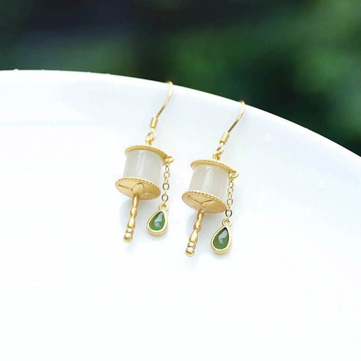 Buddha Stones 925 Sterling Silver Jade Prayer Wheel Luck Drop Earrings - image 8