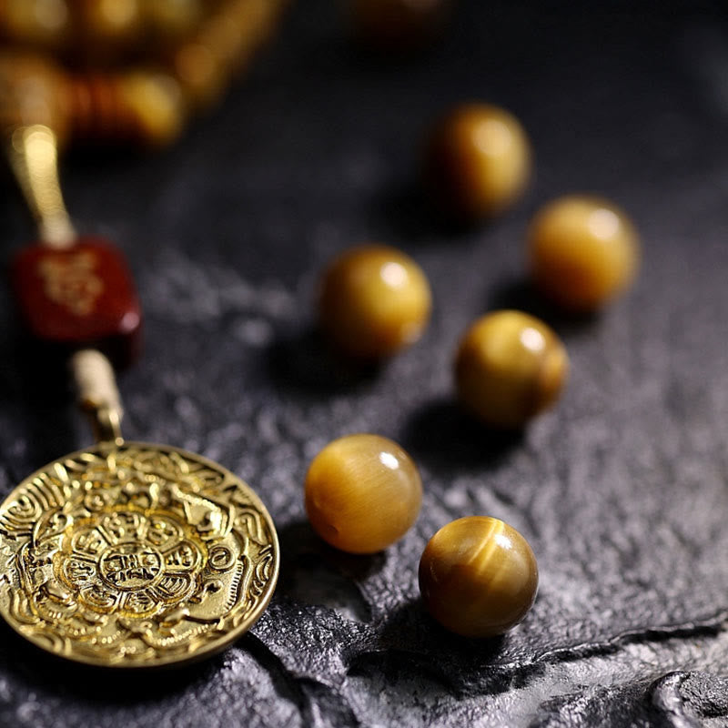 Buddha Stones 108 Mala Beads Natural Tiger Eye Copper Dorje Protection Tassel Bracelet - image 10