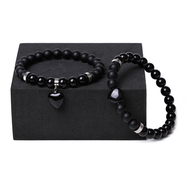 Buddha Stones 2Pcs Black Onyx Crystal Stone Love Heart Protection Support Couple Bracelet - image 4