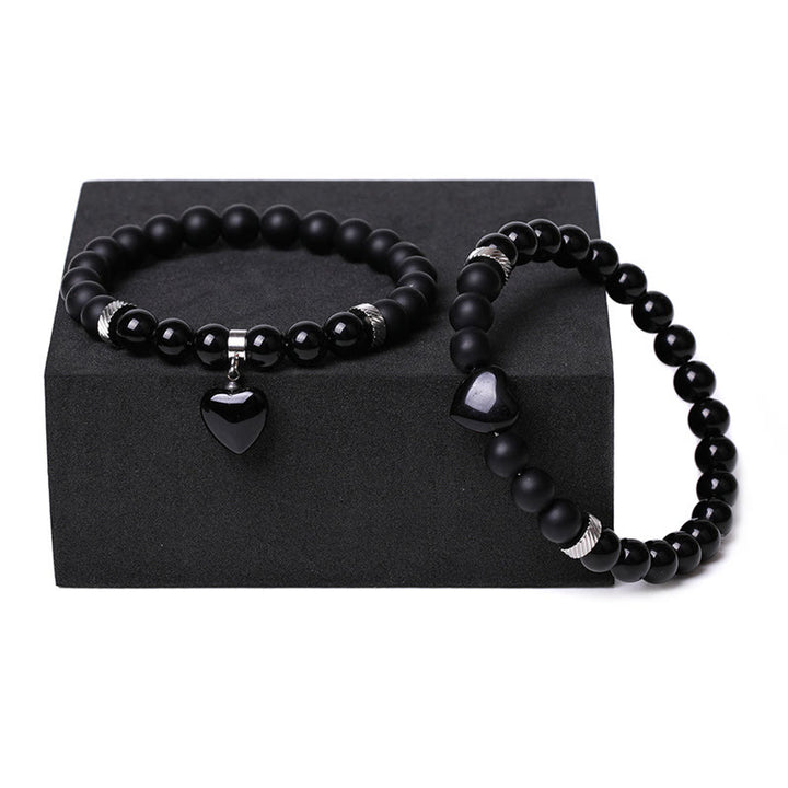 Buddha Stones 2Pcs Black Onyx Crystal Stone Love Heart Protection Support Couple Bracelet - image 4