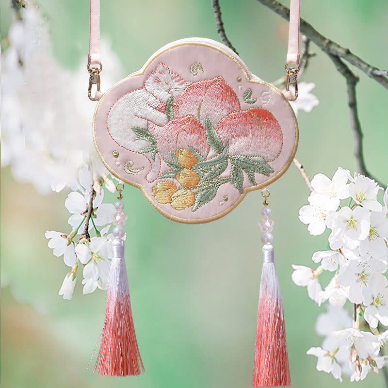 Buddha Stones Embroidery Lucky Panda Cat Shiba Inu Deer Rabbit Fox Flower Cute Animal Hanfu Bag Crossbody Bag Shoulder Bag - Peach Little Cat - image 28