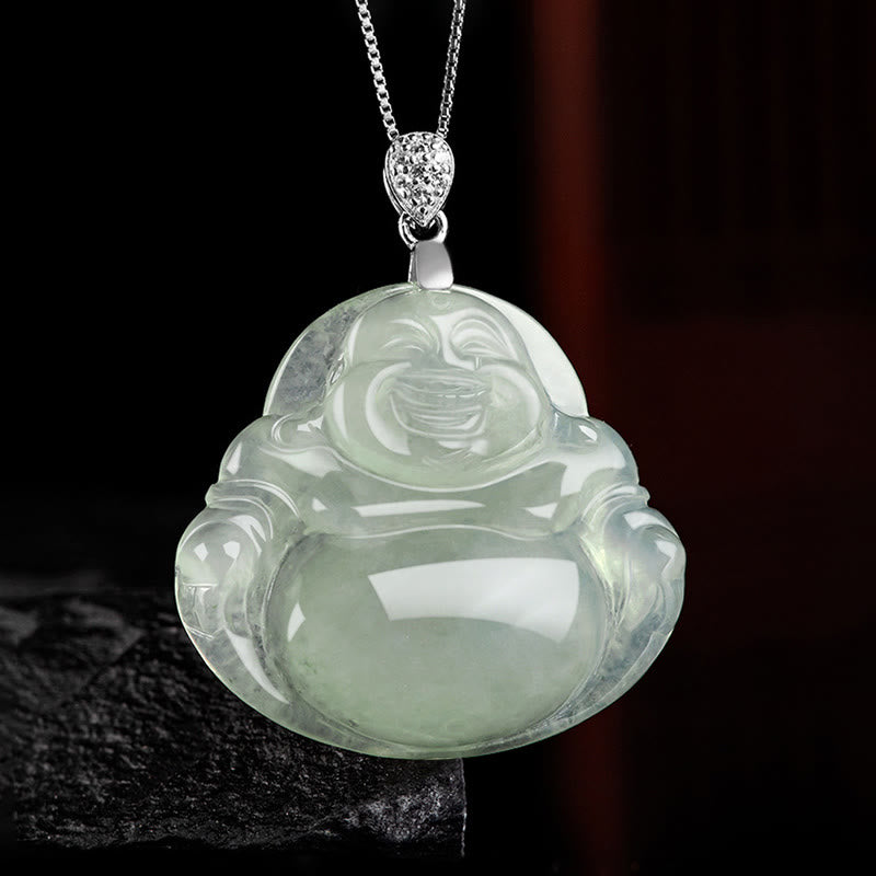 Buddha Stones 925 Sterling Silver Natural Jade Laughing Buddha Prosperity Abundance Chain Necklace Pendant - image 1
